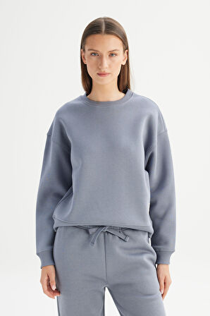 Relaxed Fit Geniş Kesim Bisiklet Yaka İçi Polarlı Mavi Sweatshirt