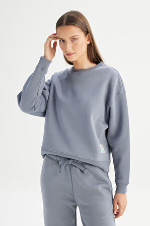 Relaxed Fit Geniş Kesim Bisiklet Yaka İçi Polarlı Mavi Sweatshirt