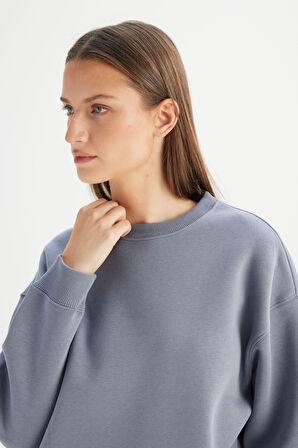 Relaxed Fit Geniş Kesim Bisiklet Yaka İçi Polarlı Mavi Sweatshirt