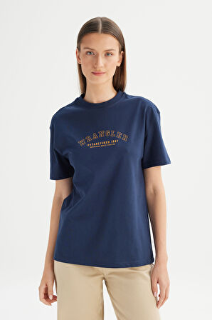 %100 Pamuk Relaxed Fit Geniş Kesim Bisiklet Yaka Big Logo Lacivert Tişört