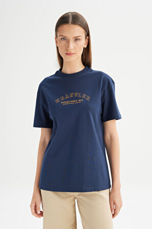 %100 Pamuk Relaxed Fit Geniş Kesim Bisiklet Yaka Big Logo Lacivert Tişört