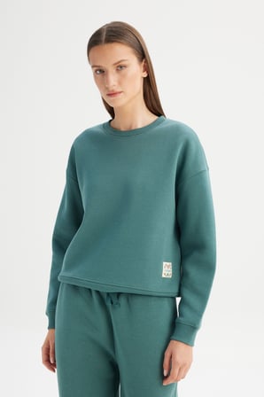 Relaxed Fit Geniş Kesim Bisiklet Yaka İçi Polarlı Yeşil Sweatshirt