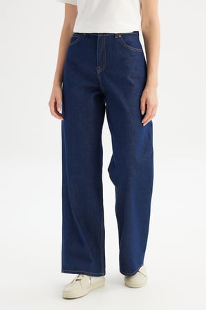 %100 Pamuk Wide Leg Yüksek Bel Geniş Paça Koyu Mavi Denim Pantolon