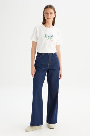 %100 Pamuk Wide Leg Yüksek Bel Geniş Paça Koyu Mavi Denim Pantolon