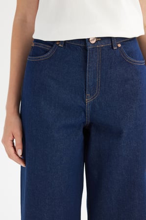 %100 Pamuk Wide Leg Yüksek Bel Geniş Paça Koyu Mavi Denim Pantolon