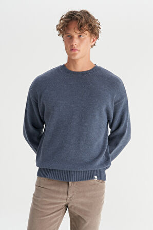 Relaxed Fit Geniş Kesim Bisiklet Yaka Lacivert Triko Kazak