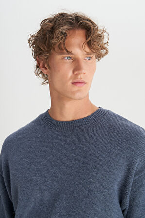 Relaxed Fit Geniş Kesim Bisiklet Yaka Lacivert Triko Kazak