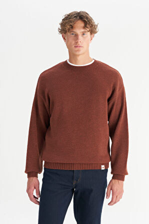 Relaxed Fit Geniş Kesim Bisiklet Yaka Kahverengi Triko Kazak