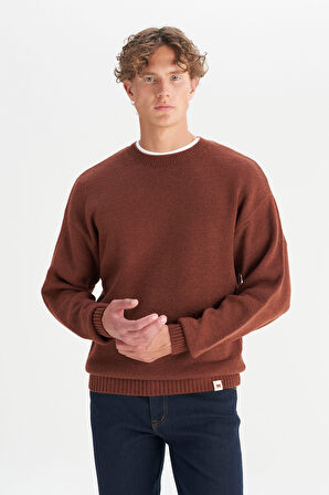 Relaxed Fit Geniş Kesim Bisiklet Yaka Kahverengi Triko Kazak