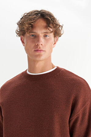 Relaxed Fit Geniş Kesim Bisiklet Yaka Kahverengi Triko Kazak