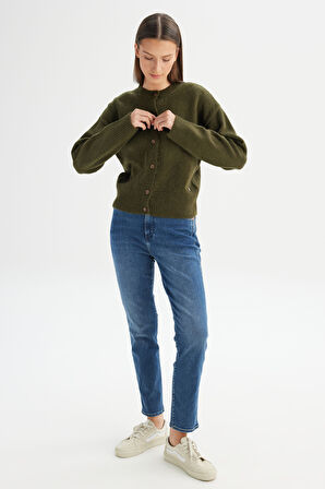 Relaxed Fit Geniş Kesim Bisiklet Yaka Haki Düğmeli Hırka