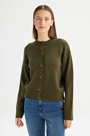 Relaxed Fit Geniş Kesim Bisiklet Yaka Haki Düğmeli Hırka