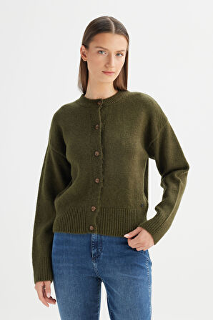 Relaxed Fit Geniş Kesim Bisiklet Yaka Haki Düğmeli Hırka