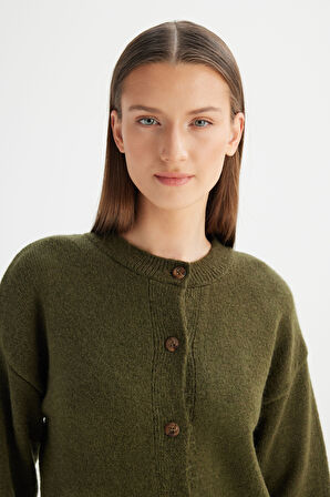 Relaxed Fit Geniş Kesim Bisiklet Yaka Haki Düğmeli Hırka