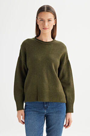 Relaxed Fit Geniş Kesim Bisiklet Yaka Haki Triko Kazak