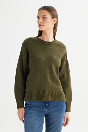 Relaxed Fit Geniş Kesim Bisiklet Yaka Haki Triko Kazak