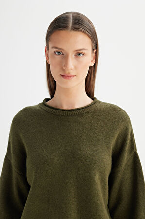 Relaxed Fit Geniş Kesim Bisiklet Yaka Haki Triko Kazak