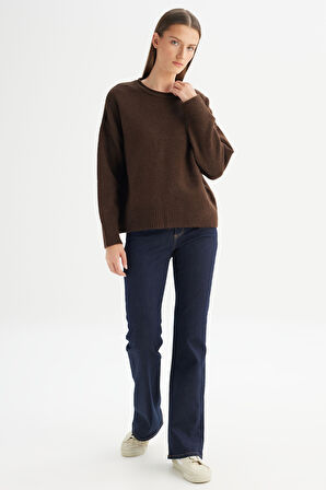 Relaxed Fit Geniş Kesim Bisiklet Yaka Kahverengi Triko Kazak