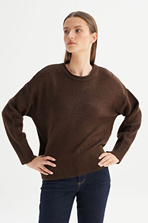 Relaxed Fit Geniş Kesim Bisiklet Yaka Kahverengi Triko Kazak