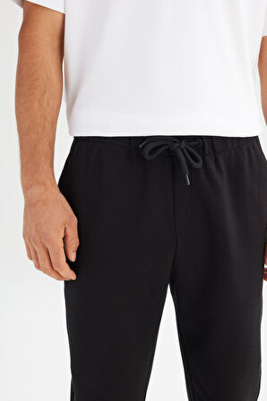 Regular Fit Normal Kesim Ribanalı Paça Siyah Sweatpant Eşofman Altı