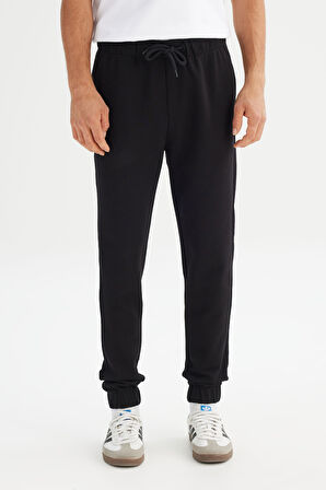 Regular Fit Normal Kesim Ribanalı Paça Siyah Sweatpant Eşofman Altı