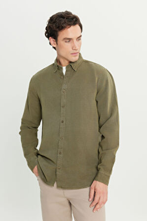 Regular Fit Normal Kesim Keten Pamuk Karışımlı Haki Gömlek