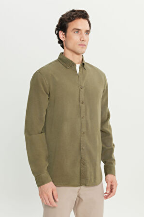 Regular Fit Normal Kesim Keten Pamuk Karışımlı Haki Gömlek
