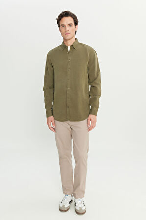 Regular Fit Normal Kesim Keten Pamuk Karışımlı Haki Gömlek