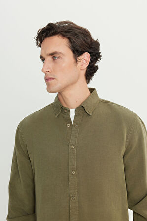 Regular Fit Normal Kesim Keten Pamuk Karışımlı Haki Gömlek