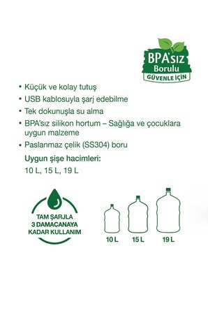 BPA'sız Şarjlı Damacana Pompası Siyah | BPA'sız Boru | 10L - 15L - 19L | 1200 mAh | Siyah
