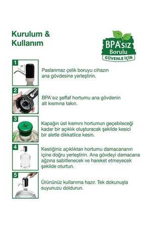 BPA'sız Şarjlı Damacana Pompası Siyah | BPA'sız Boru | 10L - 15L - 19L | 1200 mAh | Siyah