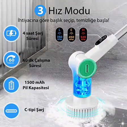 K500 Çok Amaçlı Şarjlı Elektrikli Temizlik Fırçası – Uzayabilir Gövde, Zengin Başlık Seti, IPX6 Su Geçirmezlik