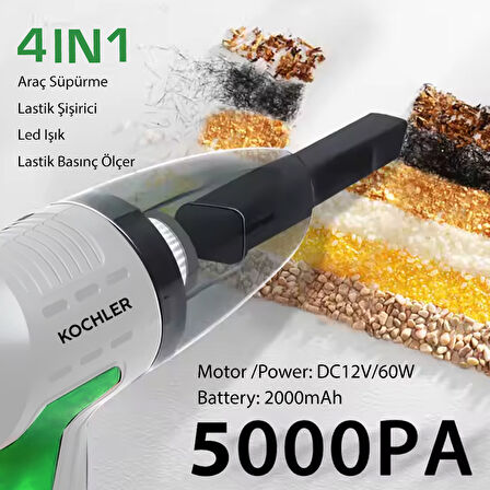 4 Fonksiyonlu Şarjlı Araç Süpürgesi – Şişirme Pompası + Basınç Ölçer + LED Işık