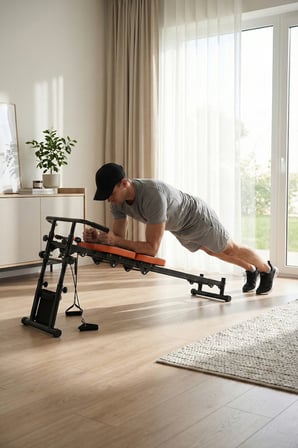 Yeni Nesil Çok Fonksiyonlu Ayarlanabilir Spor Bench Sehpası – Direnç Lastikli, Katlanabilir ve Teker