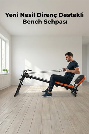 Yeni Nesil Çok Fonksiyonlu Ayarlanabilir Spor Bench Sehpası – Direnç Lastikli, Katlanabilir ve Teker