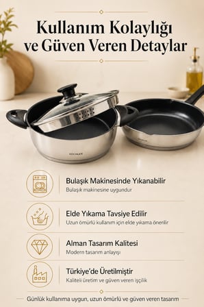 28 cm Seramik İç Yüzeyli Çelik Tencere Tava Seti, Süzgeçli Cam Kapaklı 3 Parça, Tüm Ocak Uyumlu