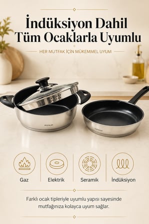 28 cm Seramik İç Yüzeyli Çelik Tencere Tava Seti, Süzgeçli Cam Kapaklı 3 Parça, Tüm Ocak Uyumlu