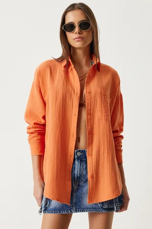 Oversize Basic Müslin Gömlek ORANJ LMX0002