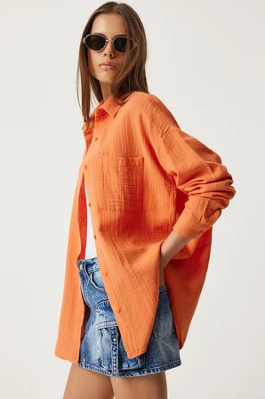 Oversize Basic Müslin Gömlek ORANJ LMX0002