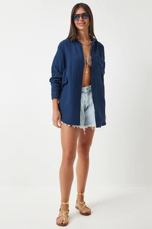 Oversize Basic Müslin Gömlek LACİVERT LMX0002