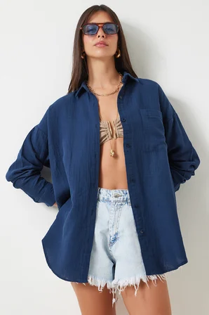 Oversize Basic Müslin Gömlek LACİVERT LMX0002