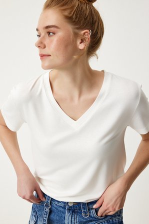 V Yaka Basic Viskon T-shirt EKRU LEN0001