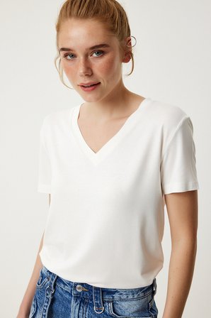 V Yaka Basic Viskon T-shirt EKRU LEN0001