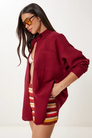 Oversize Basic Müslin Gömlek BORDO LMX0002