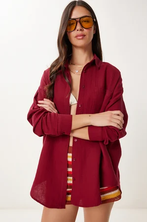 Oversize Basic Müslin Gömlek BORDO LMX0002