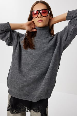 Balıkçı Yaka Oversize Triko Kazak GRİ LBV0011