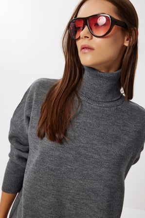 Balıkçı Yaka Oversize Triko Kazak GRİ LBV0011