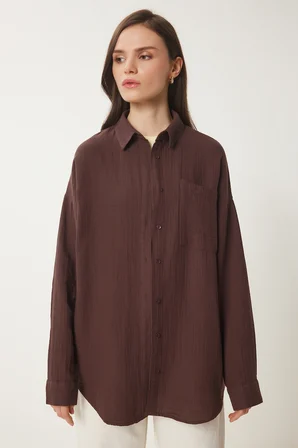 Oversize Basic Müslin Gömlek KAHVERENGİ LMX0002