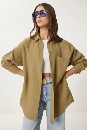 Oversize Basic Müslin Gömlek YAĞ YEŞİLİ LMX0002