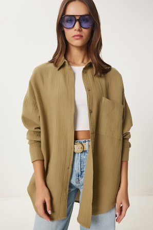 Oversize Basic Müslin Gömlek YAĞ YEŞİLİ LMX0002